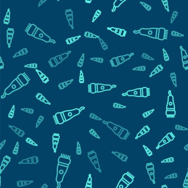 Yeşil çizgi elektrikli saç kırpıcısı ya da traş ikonu mavi arka planda izole edilmiş pürüzsüz desen. Berber dükkanı sembolü. Vektör.