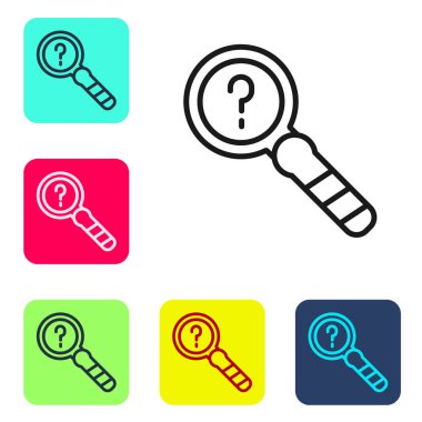 Siyah çizgi Bilinmeyen arama simgesi beyaz arkaplanda izole edildi. Büyüteç ve soru işareti. Renkli kare düğmelerle simgeleri ayarla. Vektör.