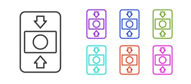 Siyah çizgi yangın alarm sistemi simgesi beyaz arkaplanda izole edildi. Yangın güvenlik kutusunu çek. Simgeleri renklendirin. Vektör.