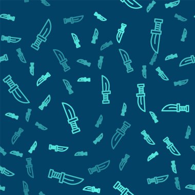 Yeşil çizgi hançer ikonu mavi arkaplanda pürüzsüz desen izole etti. Bıçak ikonu. Keskin bıçaklı kılıç. Vektör.