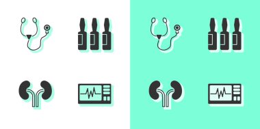 Monitörü kardiyogram, stetoskop, insan böbrekleri ve tıbbi şişe, ampul ikonu ile ayarla. Vektör.