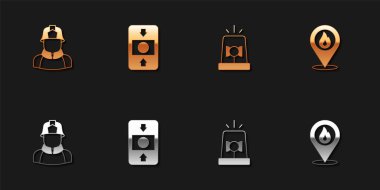 İtfaiyeci alarm sistemini ateşleyici siren ve konumu yangın alevi ikonu ile ayarla. Vektör.