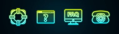 Hat Lifebuoy, soru işaretli tarayıcı, bilgisayar monitörü ve SSS ve telefon. Parlayan neon ikonu. Vektör.