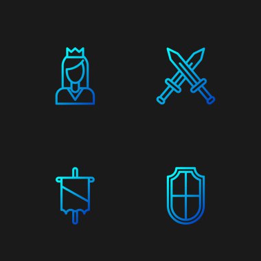 Set hattı, Ortaçağ bayrağı, Prenses ve çapraz ortaçağ kılıcı. Renk simgeleri. Vektör.