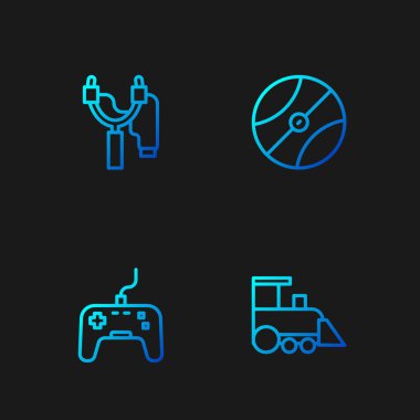 Oyuncak tren, oyun sahası, sapan ve basketbol. Renk simgeleri. Vektör.