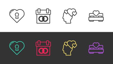 Heart with key hole, Calendar, Head Heart ve Bedroom 'u siyah ve beyaza ayarla. Vektör.