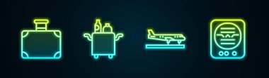 Bavul hattı, yiyecek, uçak ve tutum göstergesi için tramvay ayarla. Parlayan neon ikonu. Vektör.