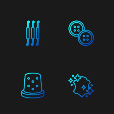 Deri, dikiş için yüksük, örgü kancası ve dikiş düğmesini ayarla. Renk simgeleri. Vektör.