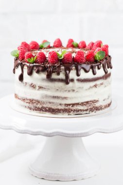 Ahududu ile süslenmiş lezzetli çikolatalı pasta.