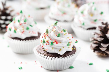 Kremalı çikolatalı kekler, yakın plan. 