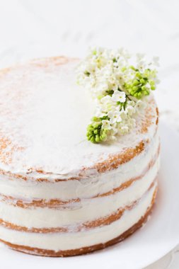 Kremalı bisküvi kekini yakın.