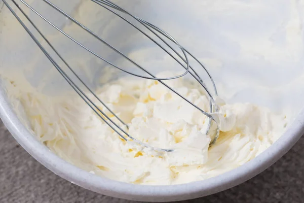 Closeup Cottage Cheese Bowl Whisk — Stock Photo, Image