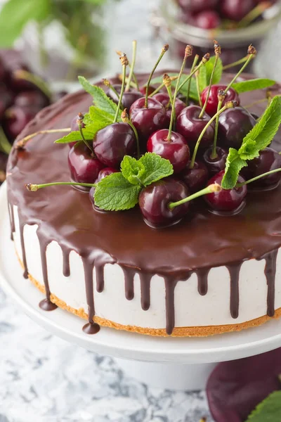 Close Delicioso Cheesecake Com Cerejas Chocolate — Fotografia de Stock