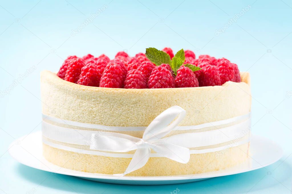 close up of fresh raspberry cake