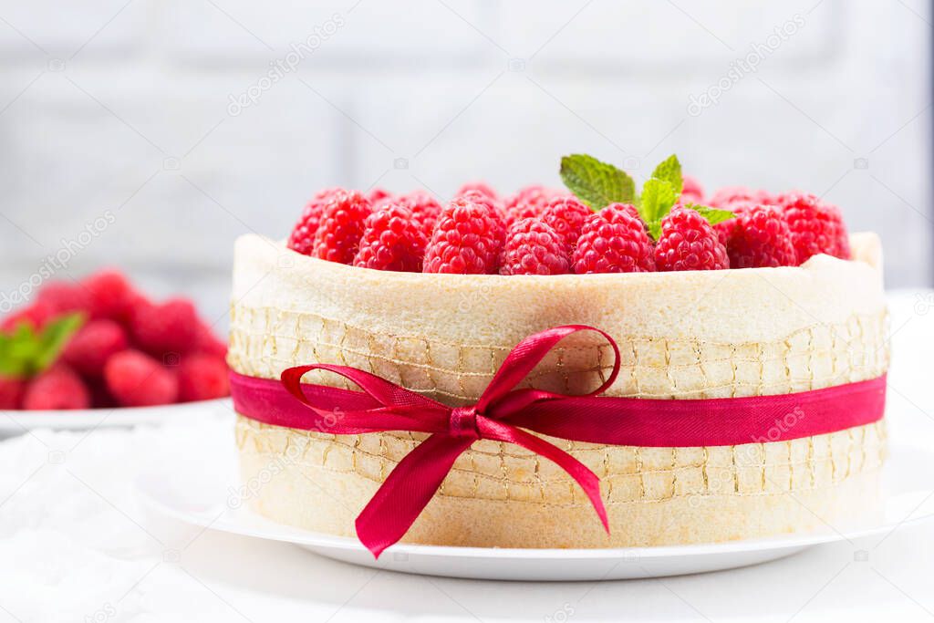 close up of fresh raspberry cake