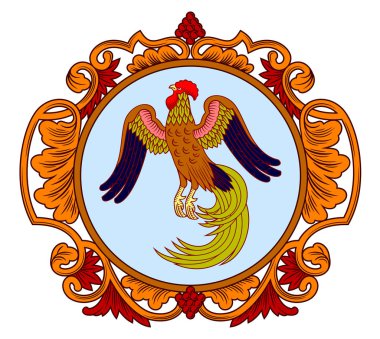 Eski, güzel bir çerçeve içinde bir horoz resmi