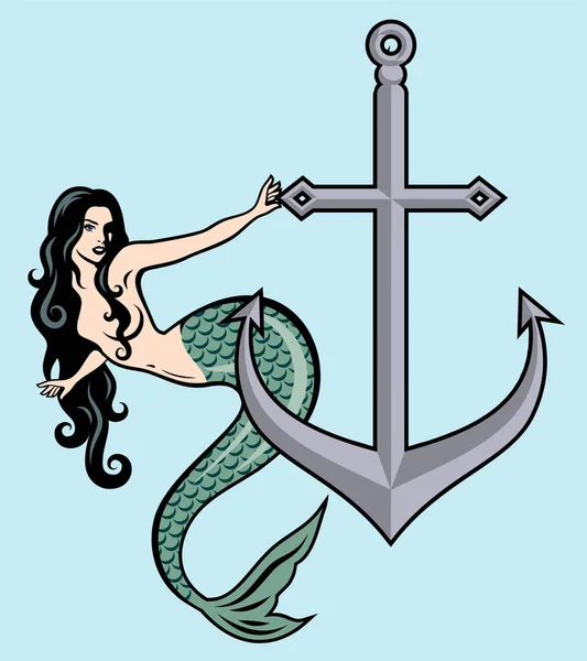 Hermosa Sirena Con Pelo Largo Sobre Fondo Ancla — Vector de stock