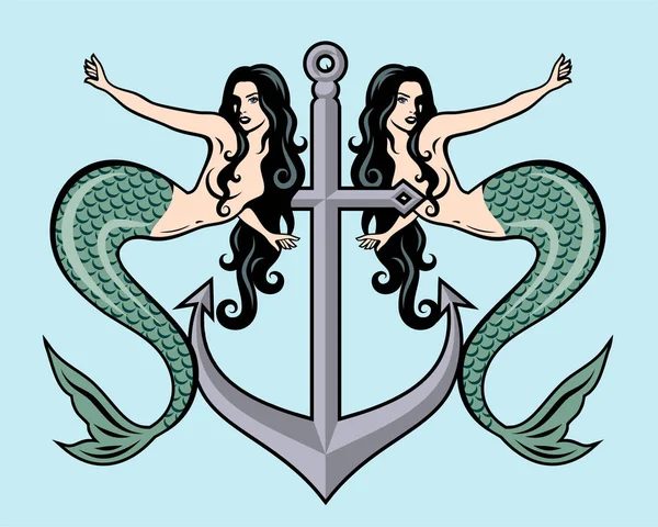 Pareja Hermosas Sirenas Con Pelo Largo Fondo Del Ancla — Vector de stock