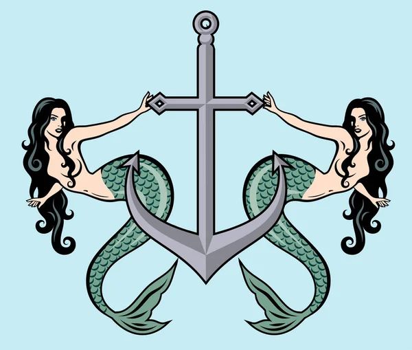 Pair Beautiful Mermaids Long Hair Background Anchor — Stock Vector