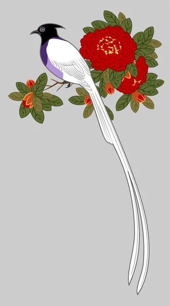 Schöner Vogel Auf Einem Zweig Mit Blumen — Stockvektor