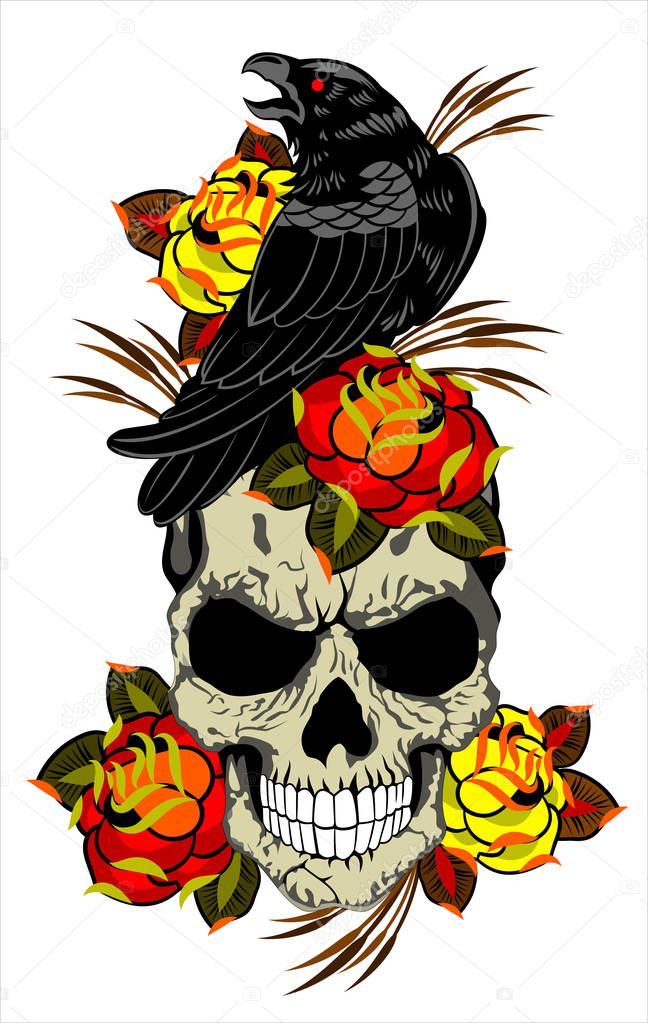 Raven sitting on a human skull and roses, old school style