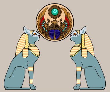 Kutsal Mısır sembolü - scarab böceği, kediler, vektör grafikleri