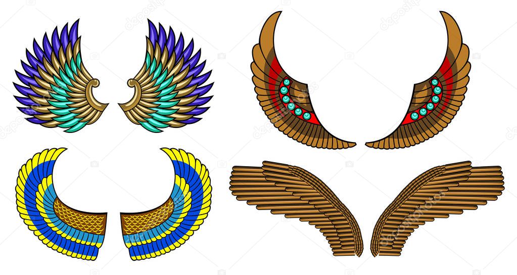 Set of images of wings in the Egyptian style. Vector.