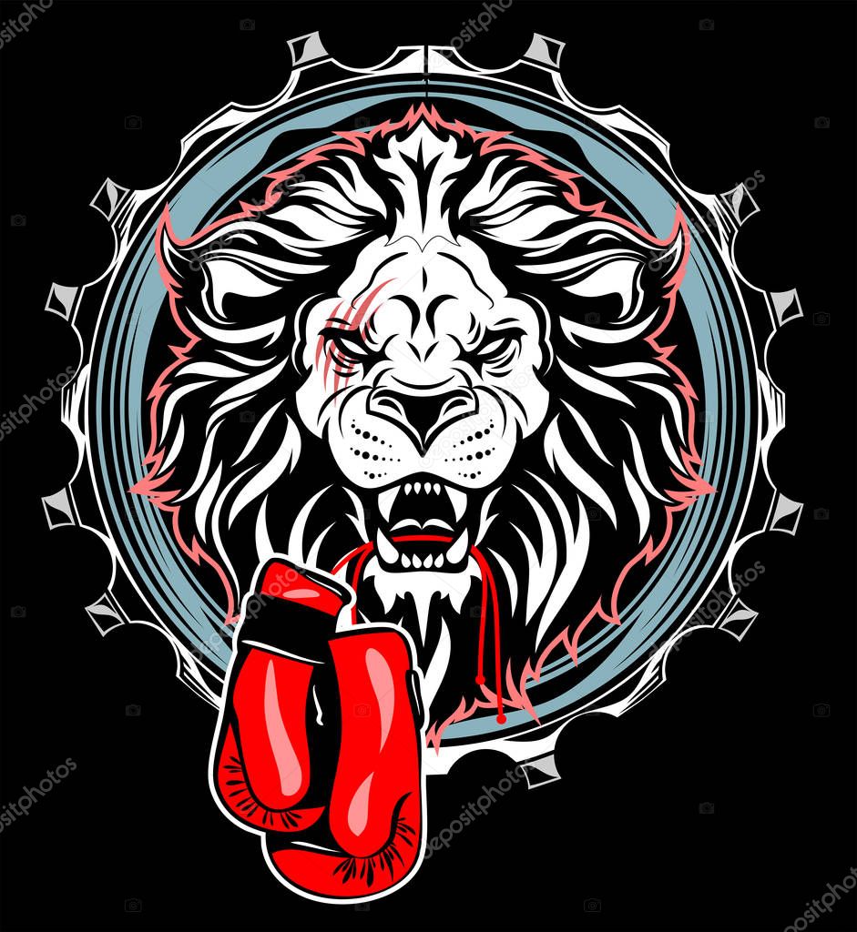 Portrait of a grinning lion with boxing gloves on a background of a round metal frame