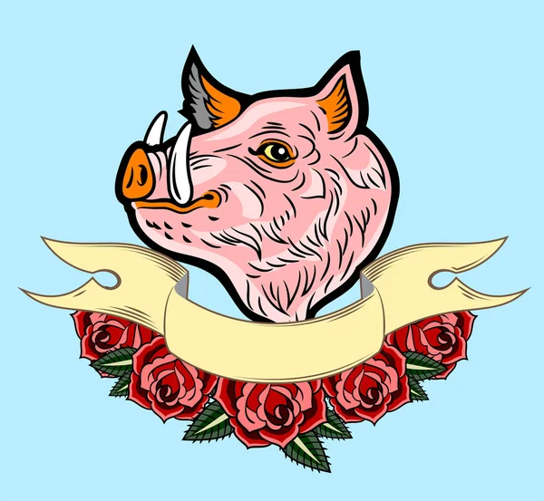 Niedliches Gutmütiges Old School Tattoo Rosa Schweinestil Mit Roten Rosen — Stockvektor