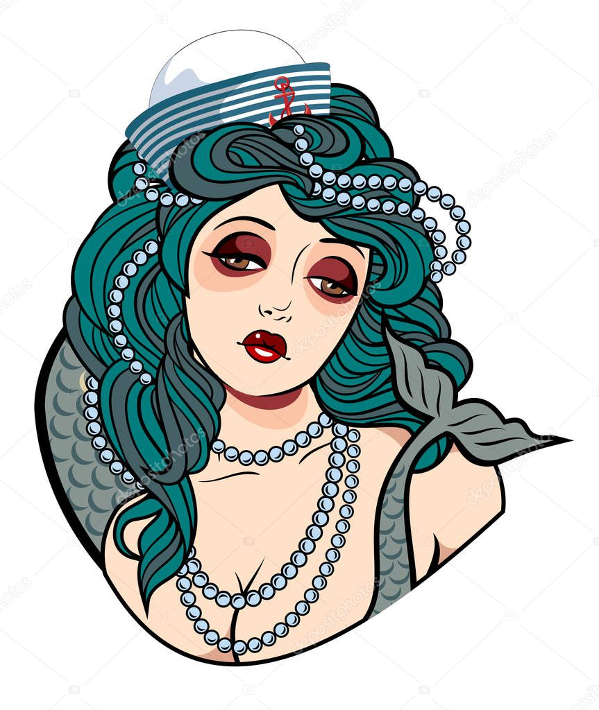 The image of a mermaid in the traditional style of Old school tattoo pin-up