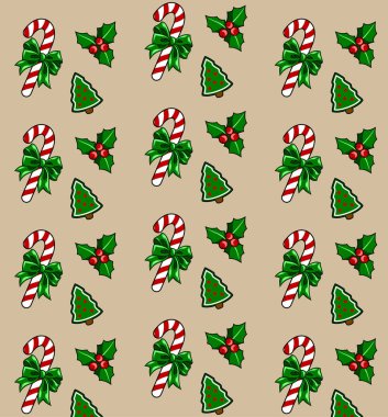 Noel ağaçları, hediyeler ve karamel dolu basit bir arkaplan..