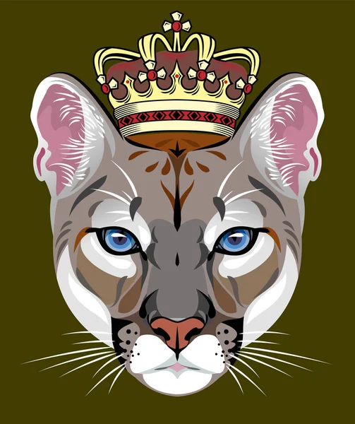 Vector Portrait Puma Wild Cat Golden Crown His Head — Stock Vector