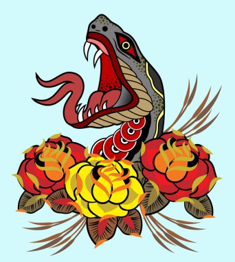 Kızgın, iğneli yılanın resmi gül çiçeklerinden dışarı bakıyor, eski usul.