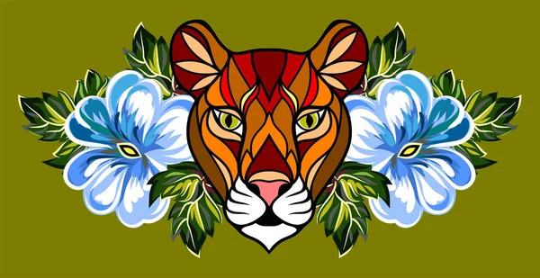 Image Linéaire Museau Une Lionne Sur Fond Fleurs — Image vectorielle