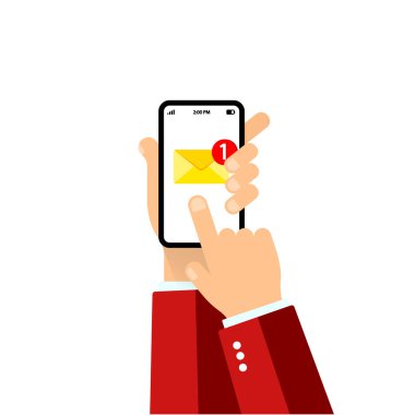 El ekranda bir cep telefonu tutuyor. Cep telefonundan yeni e-posta bildirimi. Yeni okunmamış e-posta mesajı olan akıllı telefon ekranı. İzole edilmiş beyaz arkaplanda vektör. EPS 10.