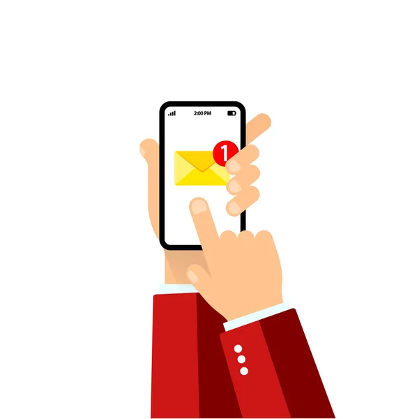 Hand Håller Mobiltelefon Skärmen Kuvert Postmeddelande Mobiltelefon Smartphone Skärm Med — Stock vektor