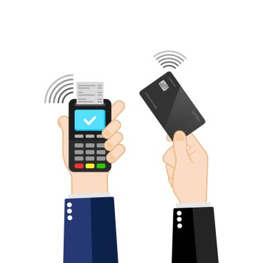 Elinde kredi kartı var. Ödeme simgesi POS terminal NFC teknolojisi üzerinden. İzole edilmiş arka planda temassız kart ödeme sistemleri. EPS 10 vektörü