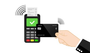 Elinde kredi kartı var. Ödeme simgesi POS terminal NFC teknolojisi üzerinden. İzole edilmiş arka planda temassız kart ödeme sistemleri. EPS 10 vektörü