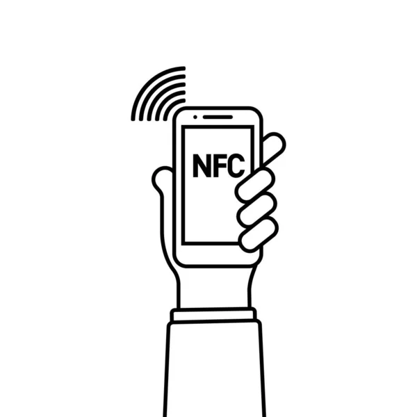 手握Nfc电话 通过Nfc技术支付图标 非接触式卡片支付系统 在孤立的白色背景上的向量 Eps — 图库矢量图片