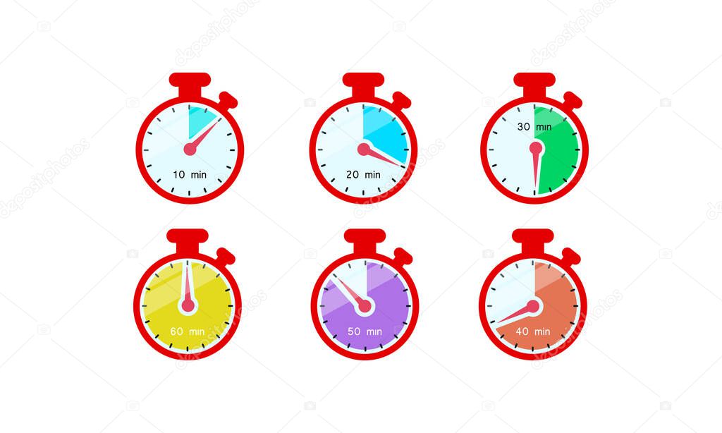 Timer, stopwatch, chronometer, time, clock icon flat. Countdown 10, 20, 30, 40, 50, 60 minutes on an isolated white background. EPS 10 vector