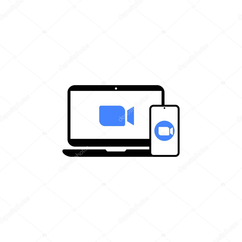 Blue camera icon. Conference video calls. Laptop and smartphone, mobile icon on isolated background. Eps 10 vector