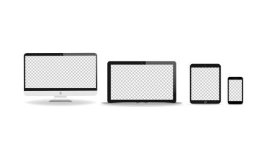 Yeni aygıt gerçekçi simge düz seti. Akıllı telefon, laptop, bilgisayar monitörü, tablet ve akıllı saat izole beyaz arka planda. EPS 10 vektörü