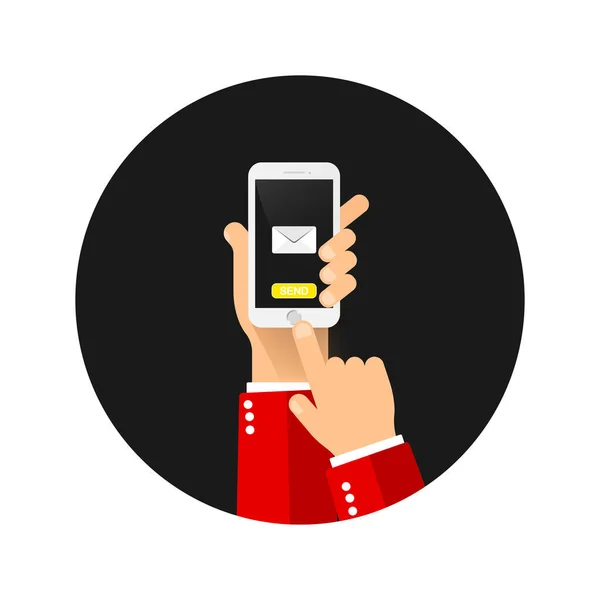 Рука Держит Мобильный Телефон Экране Конверта Кнопкой Send Vector Изолированном — стоковый вектор