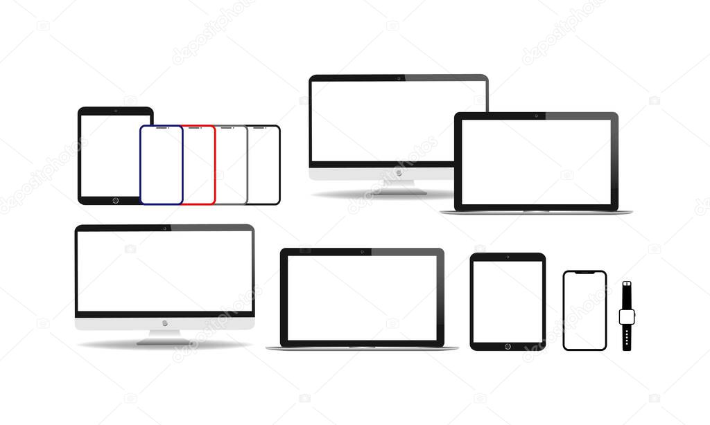 New device realistic icon flat set. Smartphone, laptop, computer monitor, tablet and smart watch on isolated white background. EPS 10 vector.