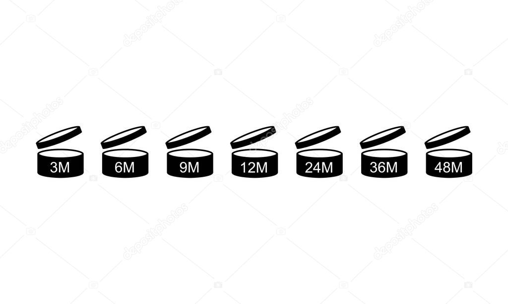 Cosmetic open monthly shelf life icon set. The period after opening on an isolated background. EPS 10 vector.