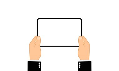 Eller boş ekranlı tablet bilgisayarı tutuyor. İzole edilmiş arka planda düz tasarım konsepti. Eps 10 vektörü. İş konsepti