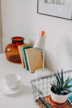 Kitaplar masaya konur, saksıda çiçek, bir tencere aloe, parlak dergi, güneş gözlüğü, yukarı. Bulanık ışık tasarımı arkaplanı.