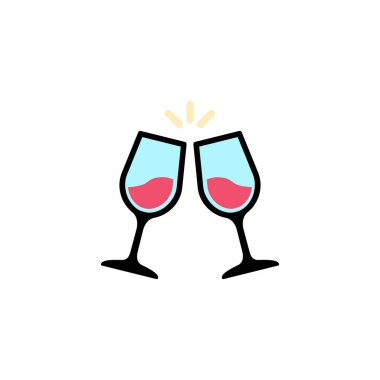 Cam bardaklar şerefe. Şarap ikonu düz. Aşk hikayeleri sembolü. Sevgililer Günü konsepti. İzole edilmiş beyaz arkaplanda vektör. Eps 10