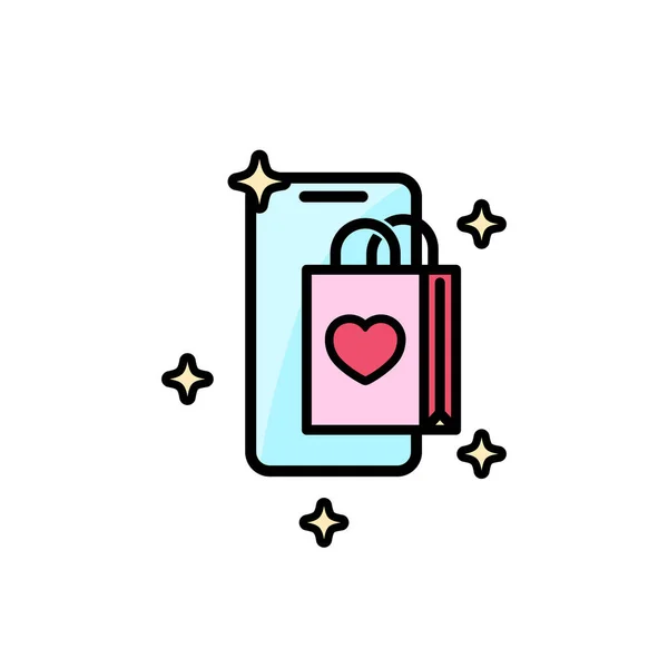 Compras online ecommerce con bolsos en smartphone con icono de corazón plano. Símbolo de historias de amor. Concepto de San Valentín. Vector sobre fondo blanco aislado. Eps 10 — Archivo Imágenes Vectoriales