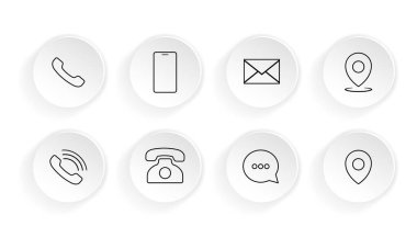 İletişim ikonu ayarlandı. Konum, e- posta, zarf, sohbet, cep telefonu, akıllı telefon, cep telefonu, web düğmesi vektörü izole edilmiş beyaz arkaplan Eps 10